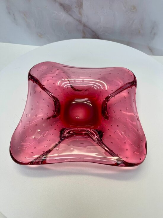 Other - Vintage Cranberry Controlled Bubble Art Glass Bowl Plate 8”